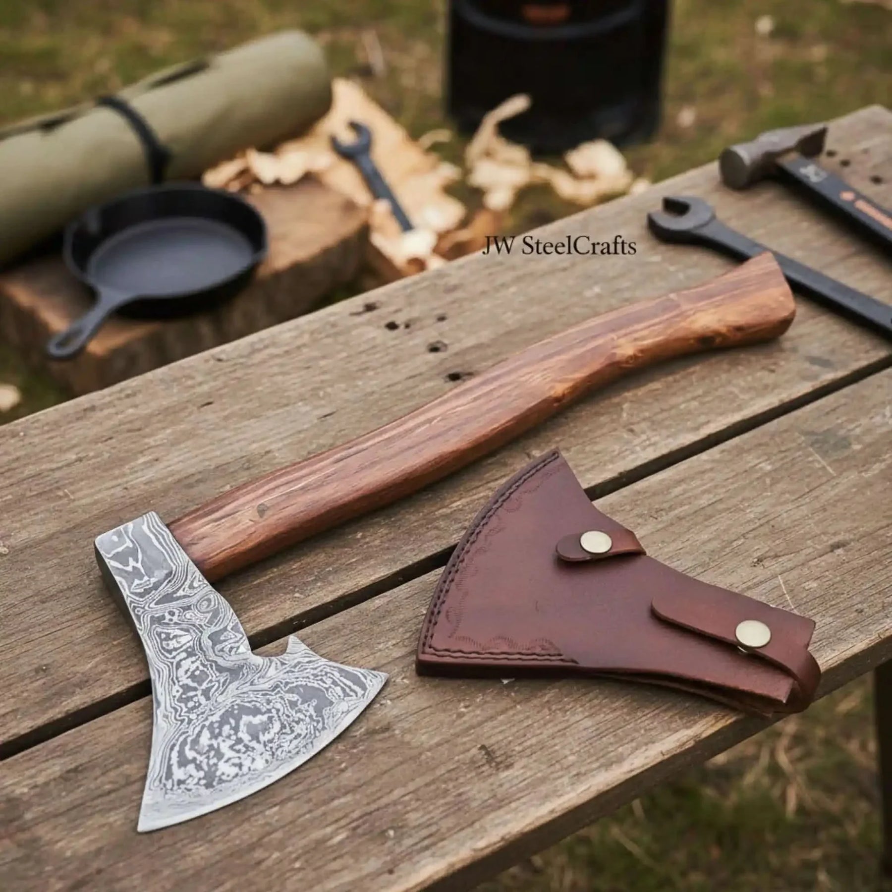 Damascus steel axe head with wood handle on rustic wood surface
