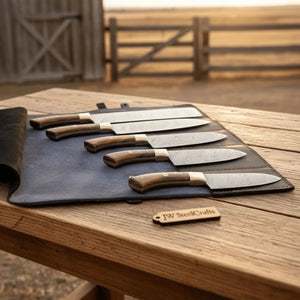 JW SteelCrafts 5 Piece Damascus Kitchen Knife Set Chef Santoku Utility and Paring Knives Pakka Wood Handle with Leather Knife Roll Professional Cooking Set