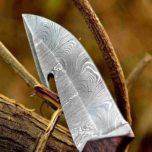 Damascus Gut Hook Hunting Knife — Bone, Turquoise Resin & Rosewood Handle, Damascus Bolster & Leather Belt Sheath
