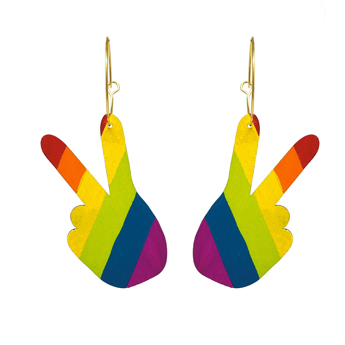 Additional view of Peace Sign Pride Hand Hoop Earrings hand painted on lightweight wood by LE CHIC MIAMI