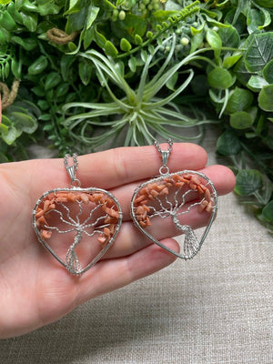 Peach Moonstone Heart Tree of Life Necklace