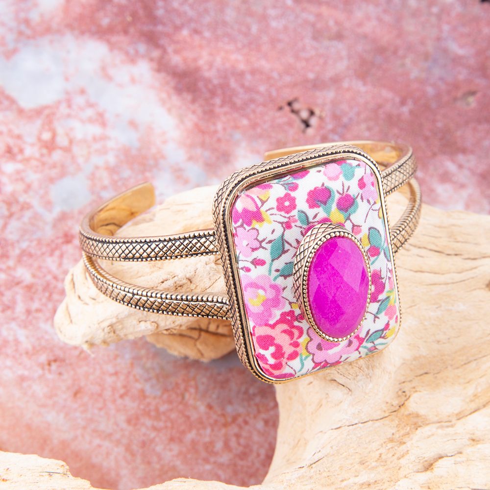 Pink Agate Stacked Stone Floral Cuff Bracelet
