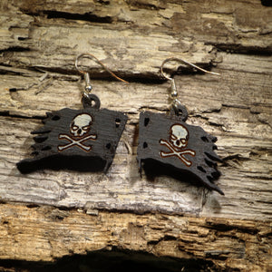 Jolly Roger Pirate Wooden Earrings | Skull Crossbones Jewelry