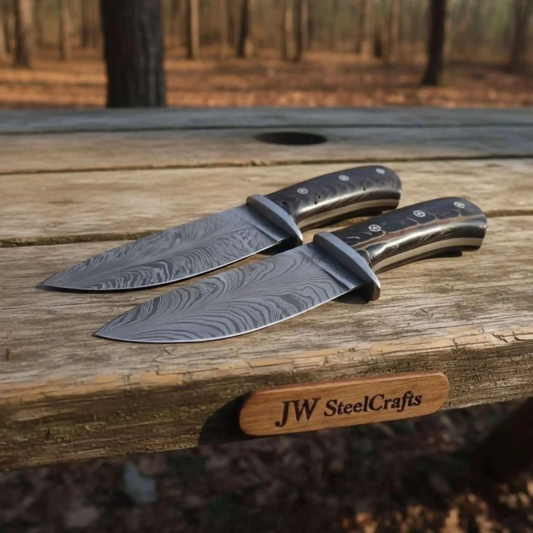 Bowie Knife Feather Damascus Blade Pinecone Handle Fixed Blade Hunting Knife by JW SteelCrafts