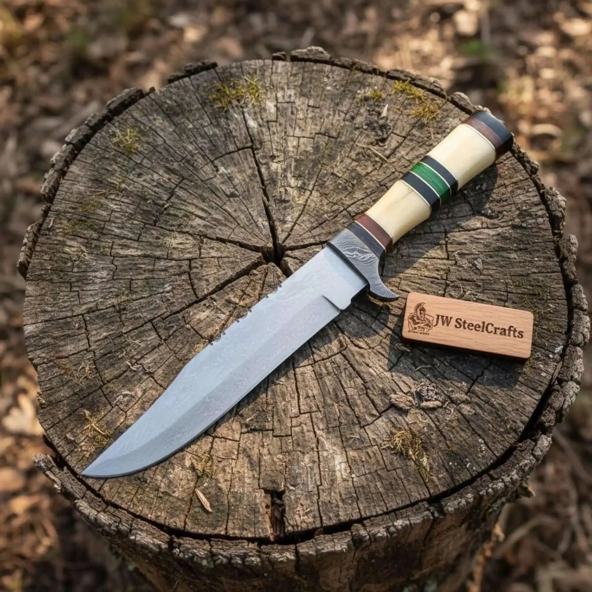 Frontier Jim Bowie Knife with 9 Inch Damascus Clip Point by JW SteelCrafts, Damascus knife detail photo 2