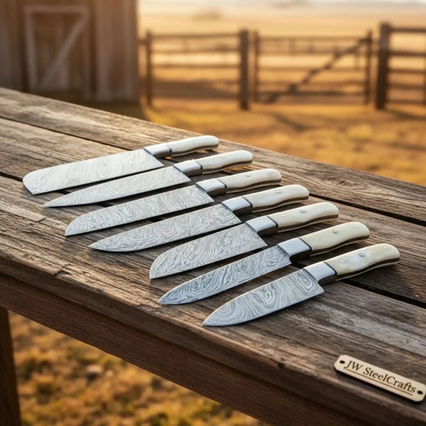 Handmade damascus steel knife with bone handle on dark surface