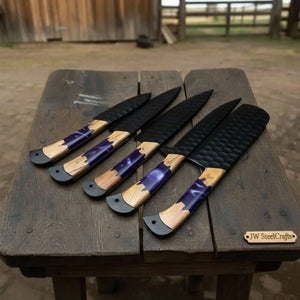 5-Piece Hand-Forged Chef Knives Set – Black Blades, Purple Resin & Olive Wood Handles