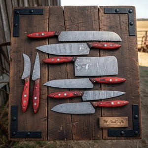 Handmade damascus steel knife with premium handle on dark surface