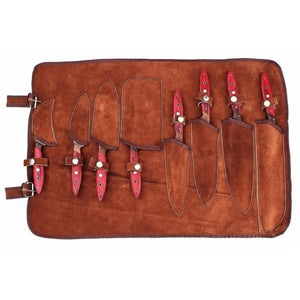 Damascus Kitchen Knife Set of 8, Hand-Forged with Red Pakka Handles