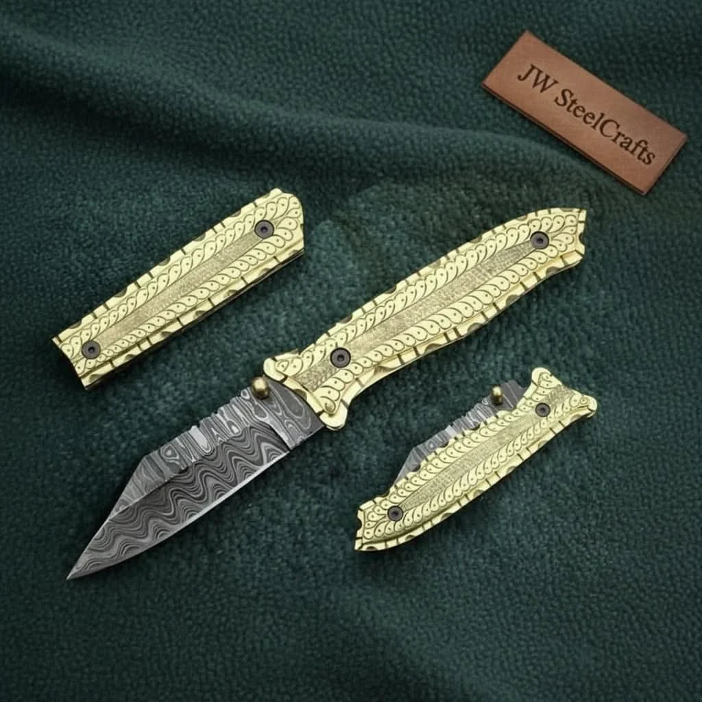 Handmade Damascus Steel Folding Knife with Olive Wood Handle – Brass Liner Pocket Knife by JW SteelCrafts, Damascus knife main product photo
