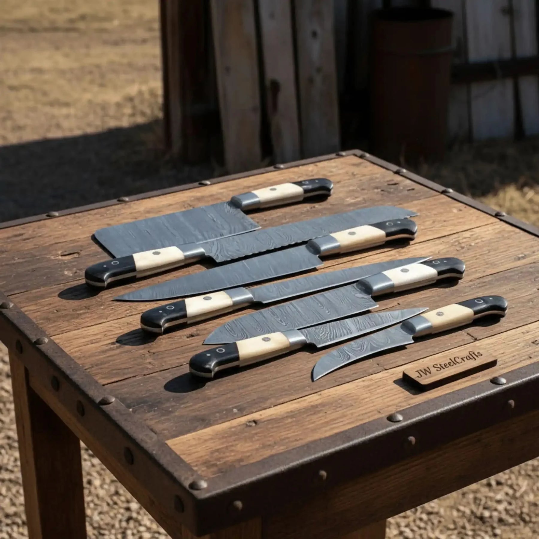 7-Piece Damascus Kitchen Knife Set — Chef, Cleaver, Bread, Santoku, Utility & Paring Knives with White Bone and Black Resin Handles
