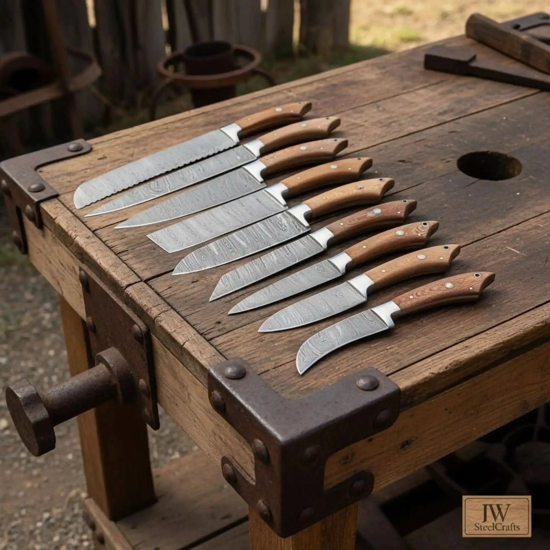 Handmade damascus steel knife with wood handle on dark surface