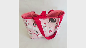 Valentine Dog Print Tote Bag – Handmade Pink Puppy Shoulder Bag, Cute Dog Lover Gift, Red Strap Everyday Carryall