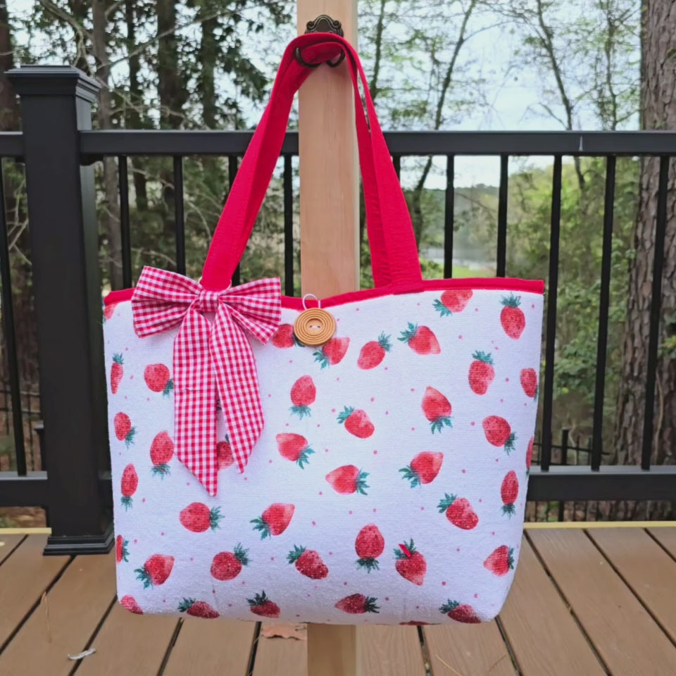 Strawberry Tote Bag with Bow Charm, Cute Cottagecore Bag, Handmade Summer Tote, Strawberry Print Purse, Gift for Her, Farmers Market Bag