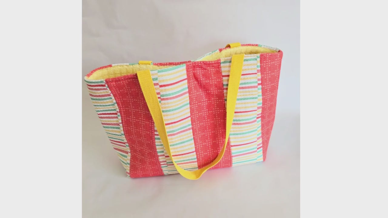 Handmade Terry Cloth Beach Tote – Striped Pool Bag with Yellow Straps