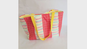 Handmade Terry Cloth Beach Tote – Striped Pool Bag with Yellow Straps