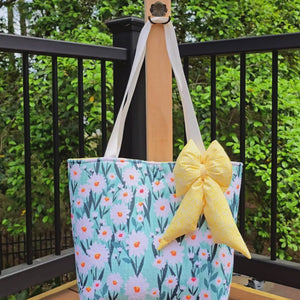 Floral Tote Bag with Bow Charm, Large Handmade Shoulder Bag, Cotton Lined Tote with Pockets