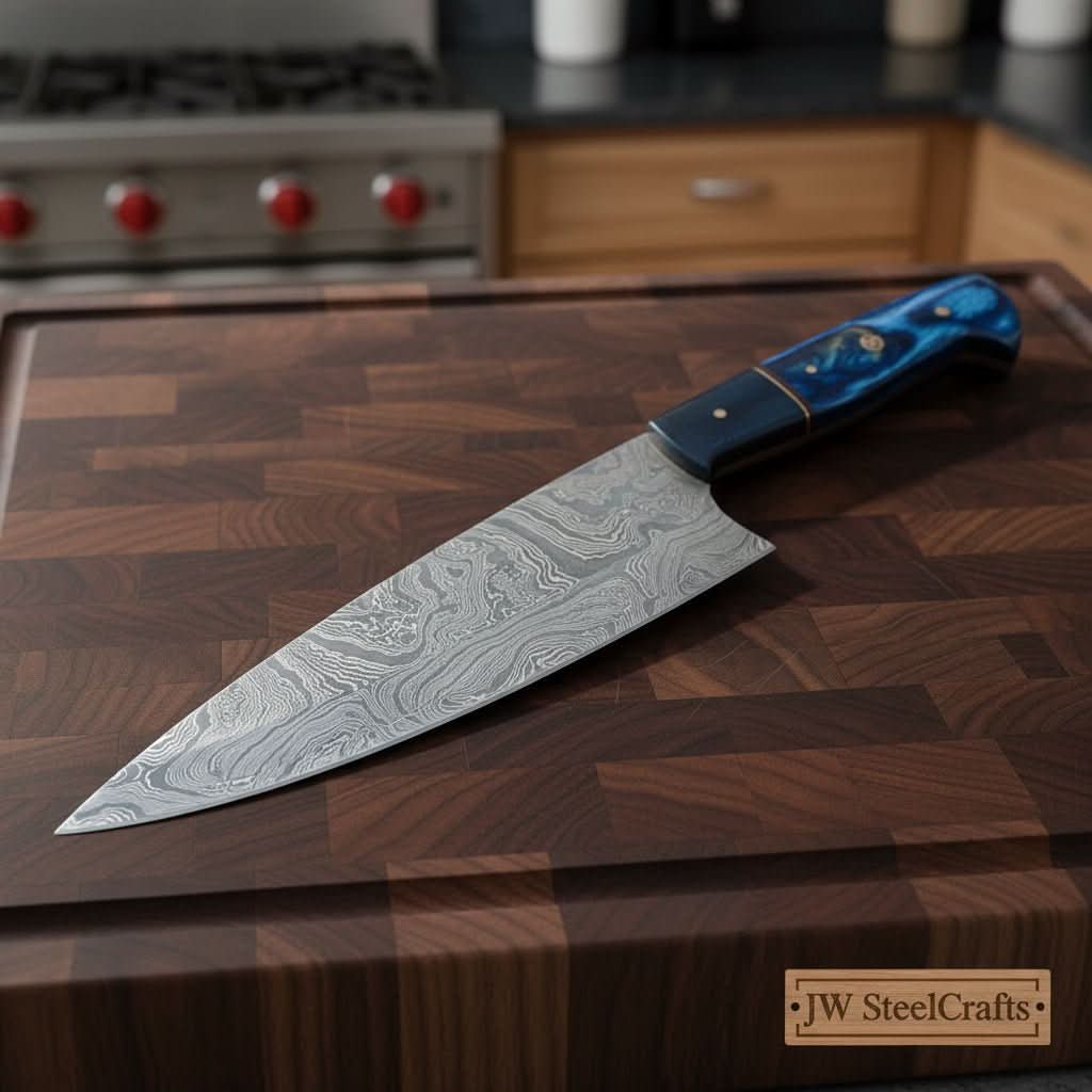 Handmade damascus steel knife with wood handle on dark surface