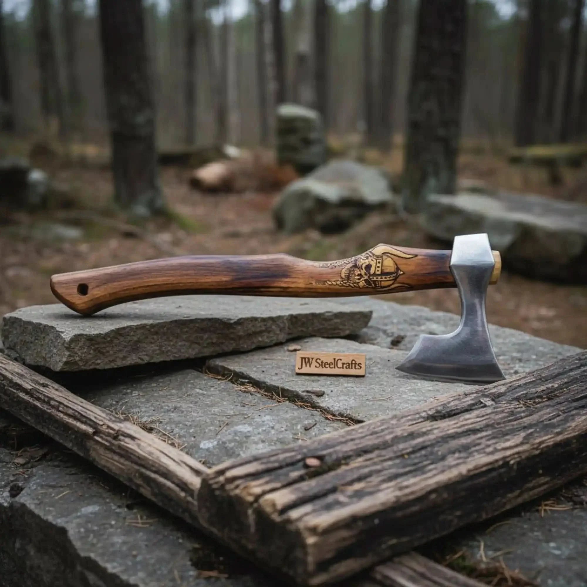 Hand Forged Damascus Steel Viking Axe – 18” Bearded Bushcraft Hatchet with Hardwood Handle | JW SteelCrafts by JW SteelCrafts, Southern lifestyle apparel detail photo 2