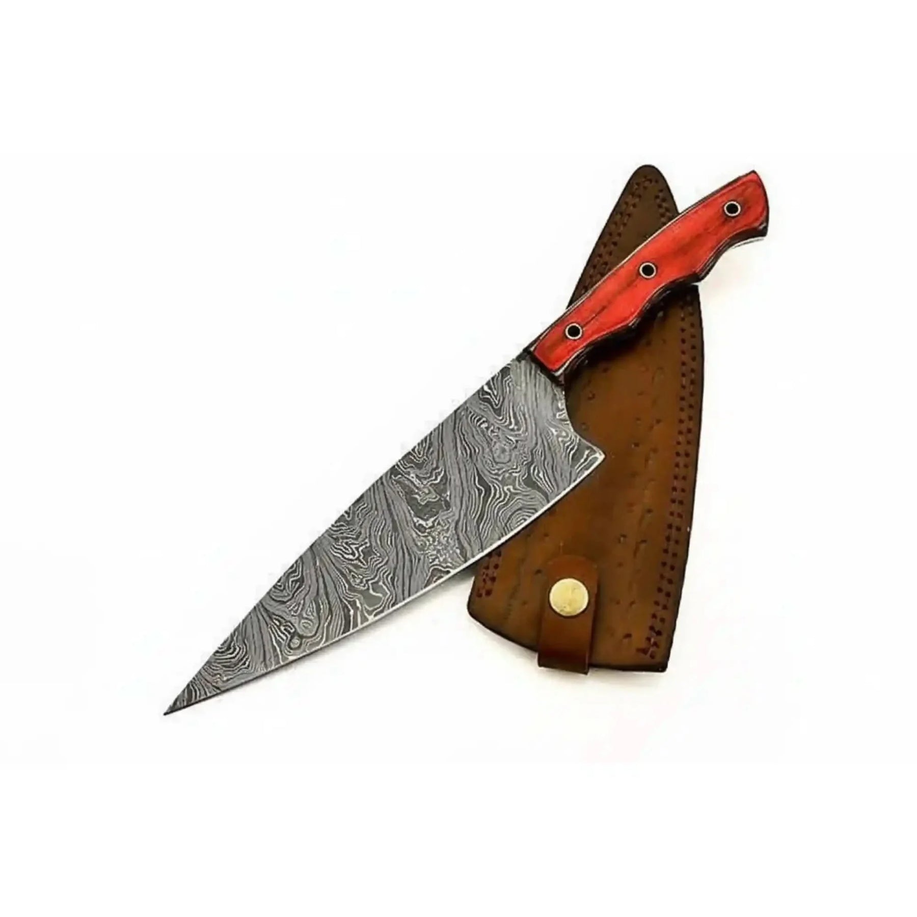 Handmade damascus steel knife with wood handle on dark surface