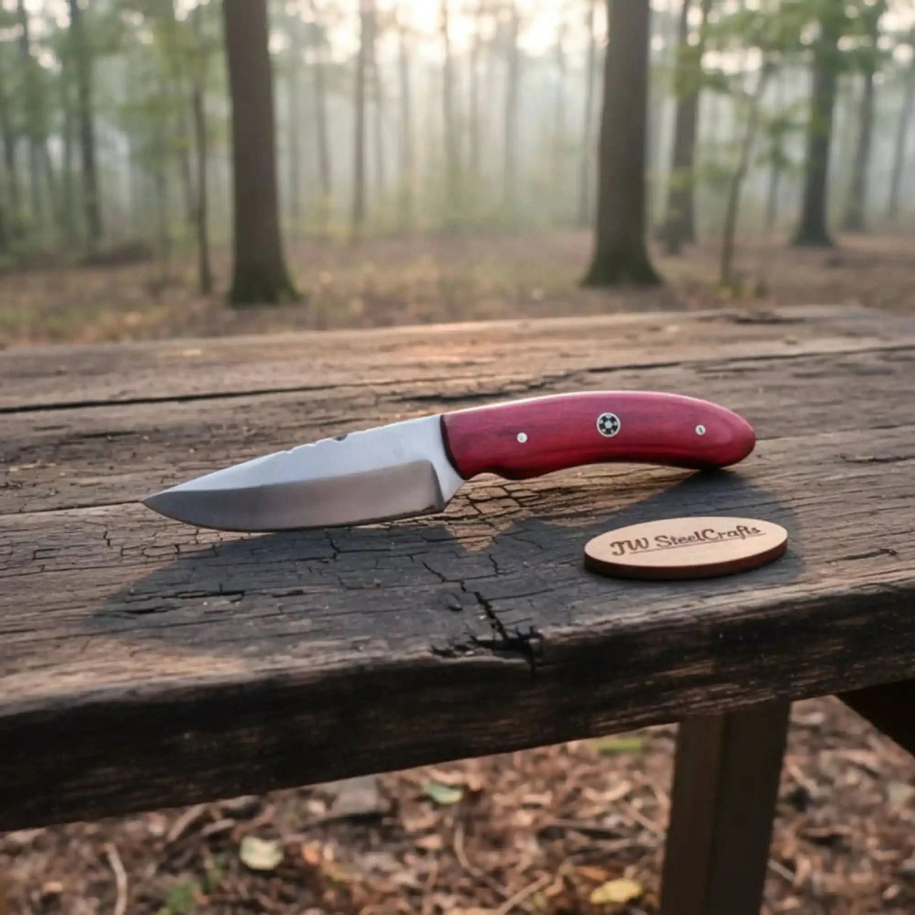 Handmade damascus steel knife with wood handle on dark surface