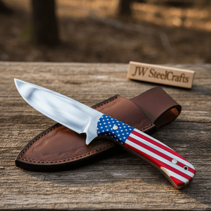 Handmade damascus steel knife with premium handle on dark surface