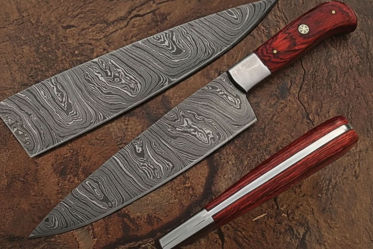 Handmade damascus steel knife with premium handle on dark surface