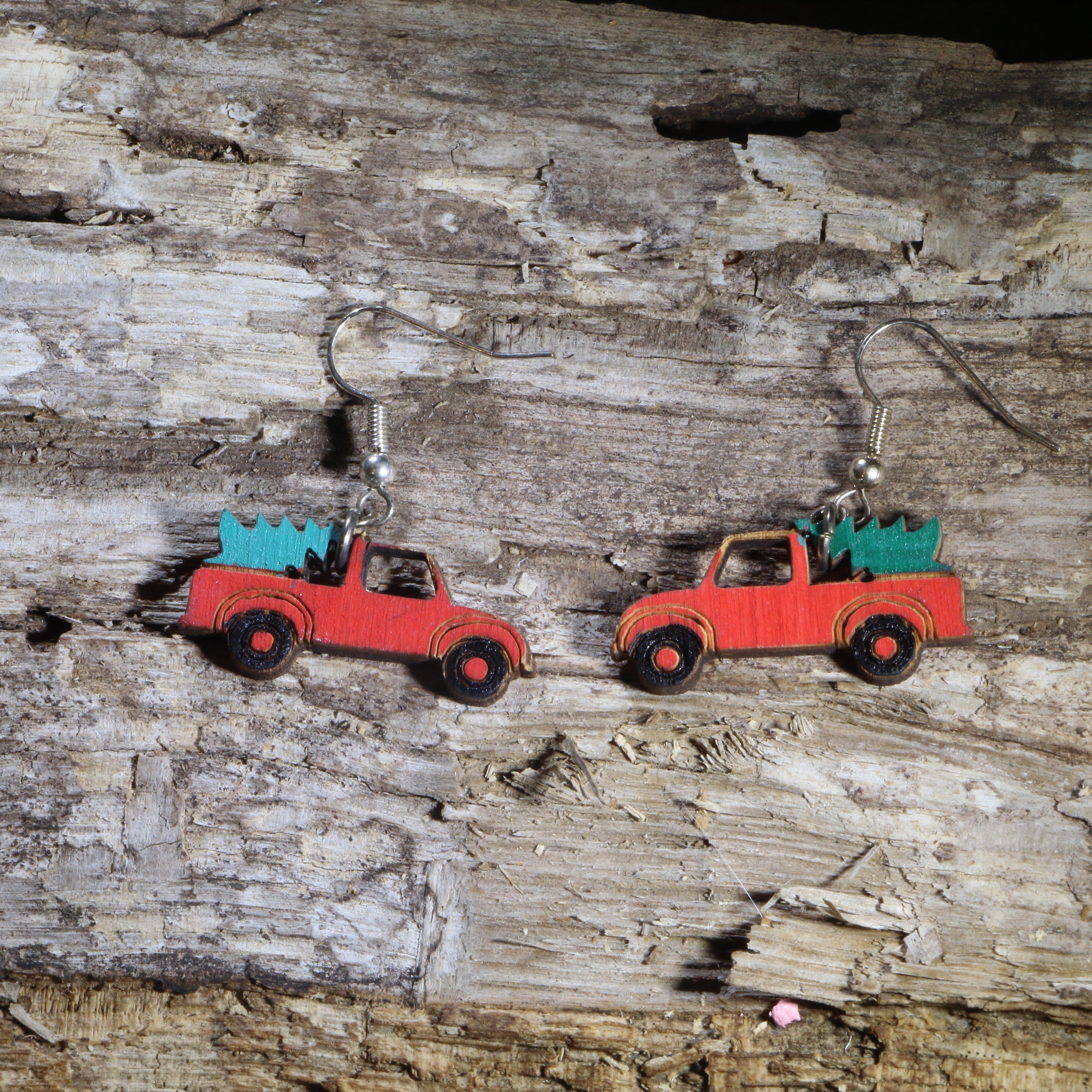 Red Truck Christmas Tree Wooden Dangle Earrings | Holiday Jewelry