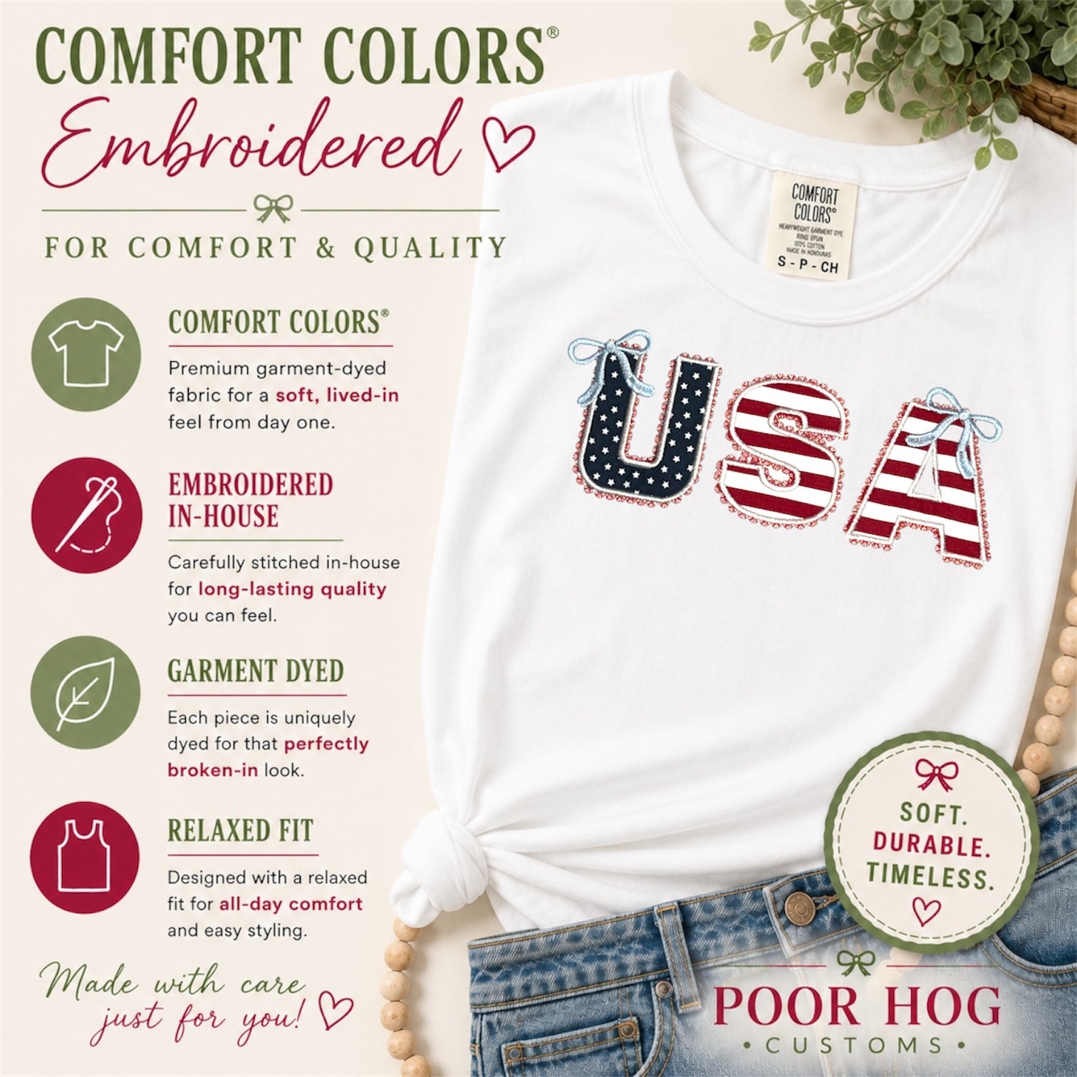 Patriotic USA Applique Shirt with Decorative Stitching and Bows
