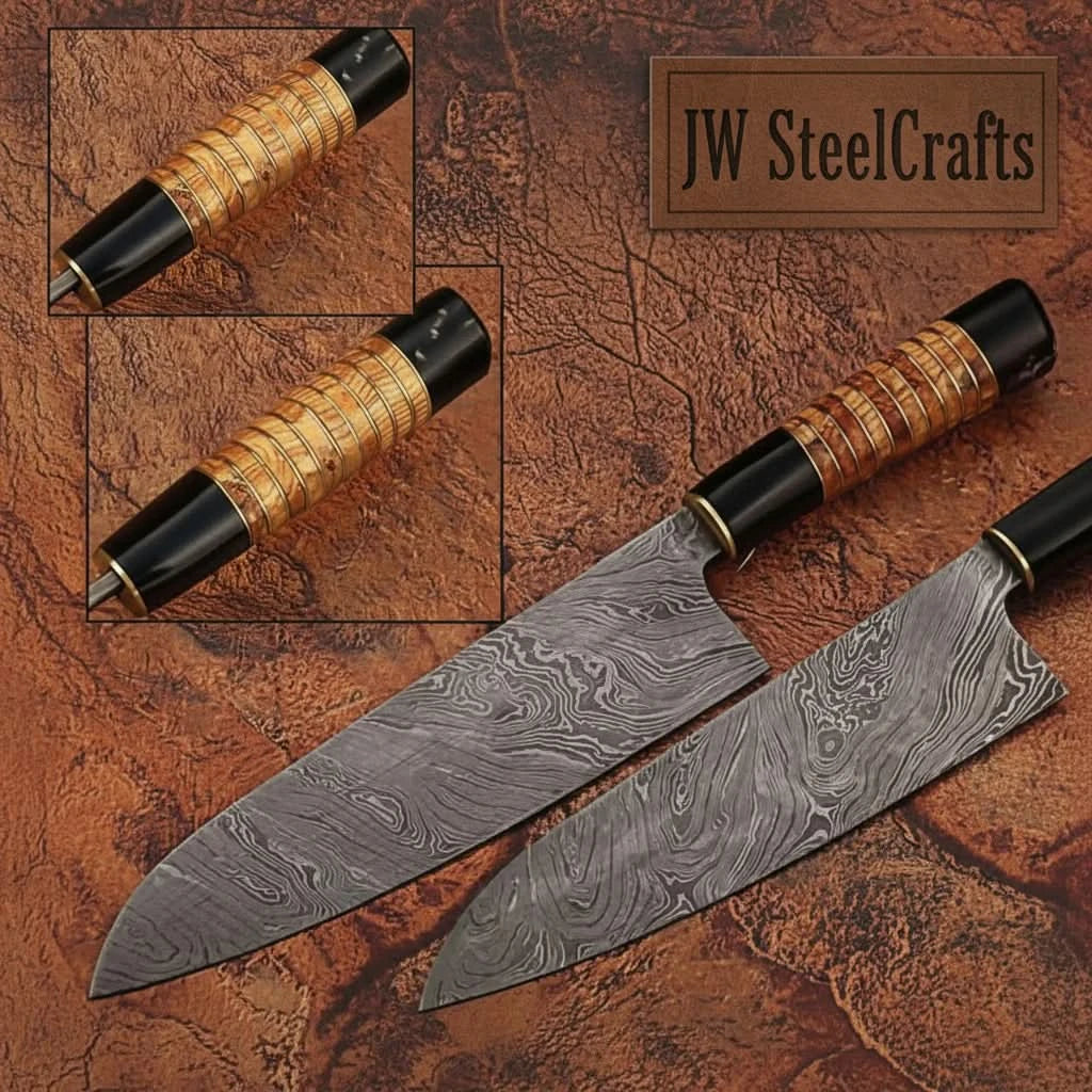 Handmade damascus steel knife with wood handle on dark surface