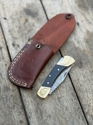Handmade Brass Crown Folding Hunter 8" with black resin and horn handle