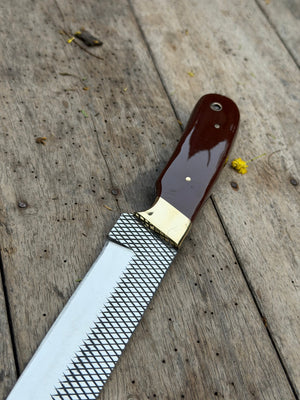 Handmade Redwood Trail Bull Cutter Knife 8" with dark red wood handle