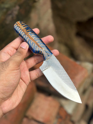 Handmade Blue Rustler Cowboy Knife 9" with blue and brown swirl resin handle