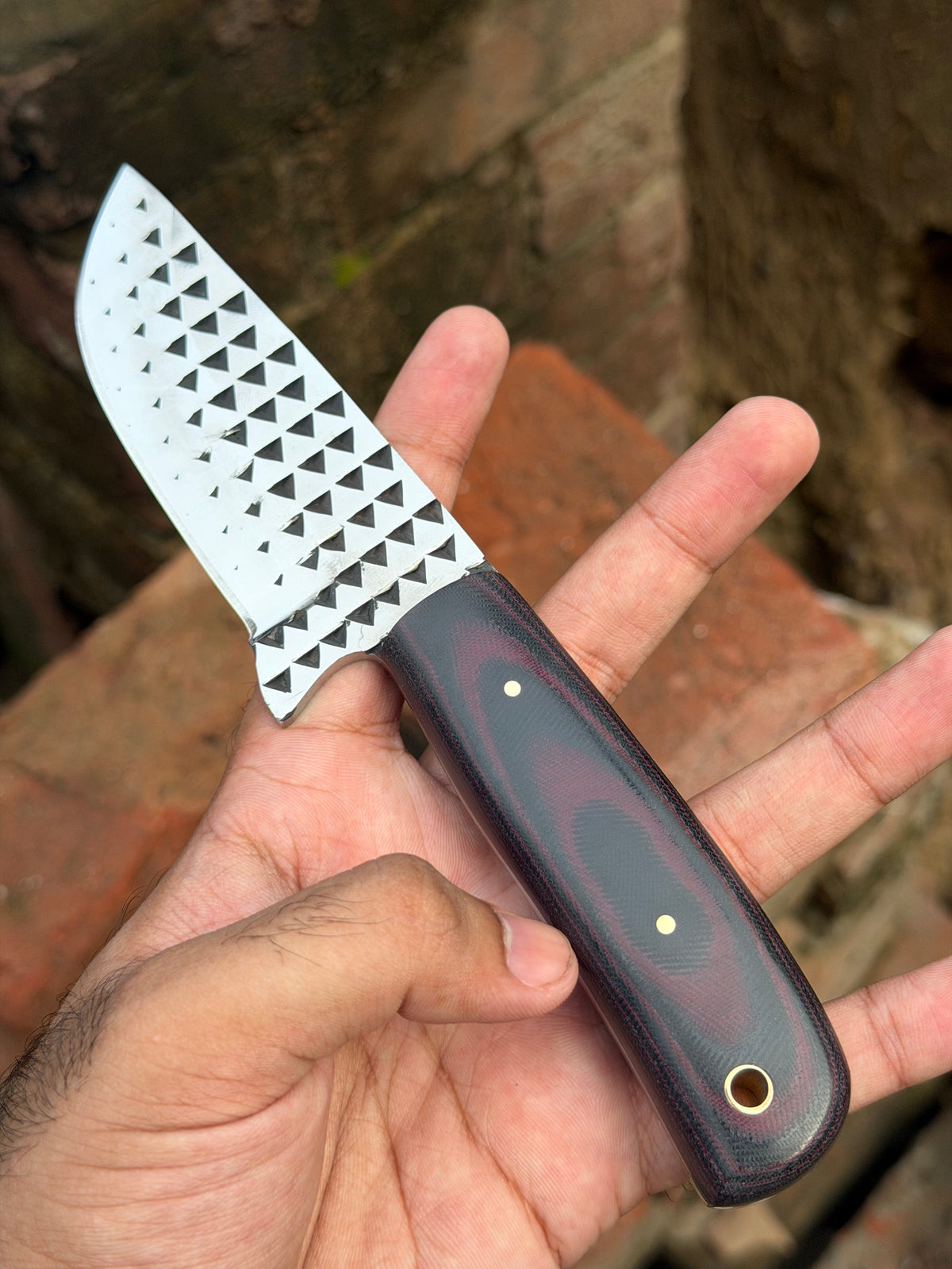 Handmade Kaliay Ember Rasp Knife 9" with red and black swirl handle