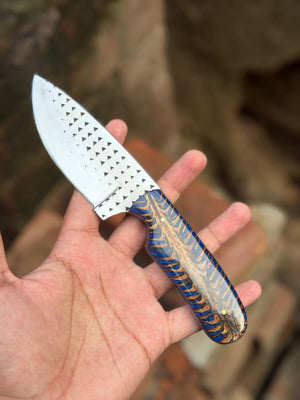 Handmade Blue Rustler Cowboy Knife 9" with blue and brown swirl resin handle