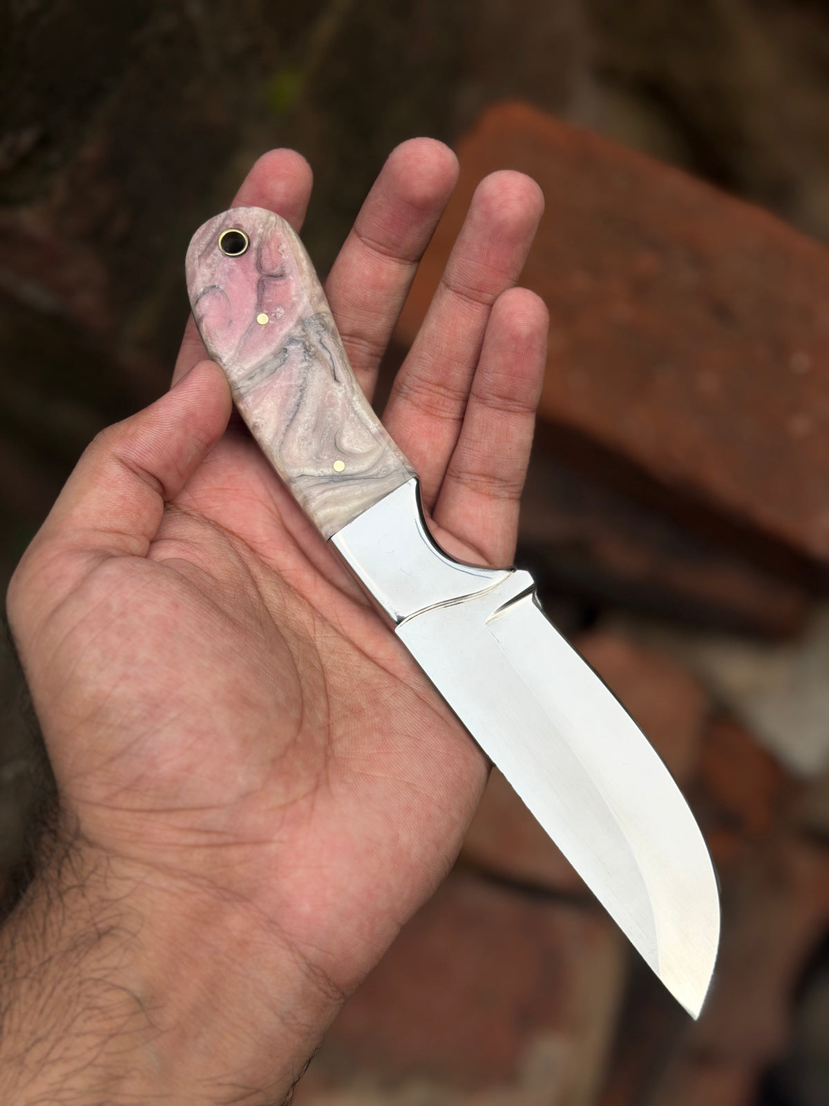 Handmade Pearl Ash Skinning Knife 9" with pearl white and grey marble resin handle
