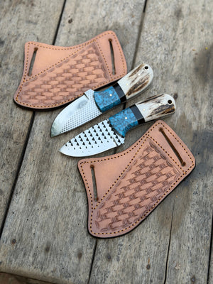 Handmade Turquoise Antler Skinner Duo set of 2 with natural stag antler handles