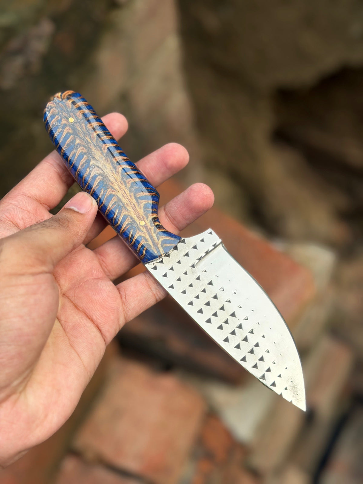 Handmade Blue Rustler Cowboy Knife 9" with blue and brown swirl resin handle