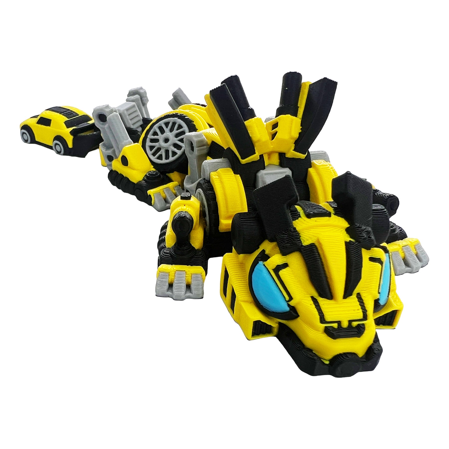 Robot Bee Dragon articulated 3D printed flexi dragon close-up with yellow mechanical armor and bright blue eyes