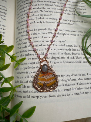 Rose Quartz and Butterfly Wing Necklace with Beaded Chain