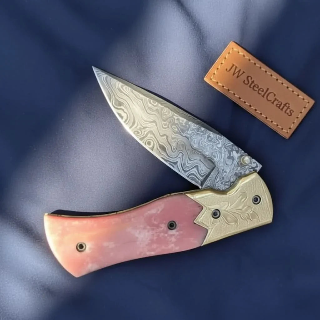 Handmade Damascus Folding Knife – Pink Colored Bone Handle with Brass Bolster | Pocket Knife by JW SteelCrafts