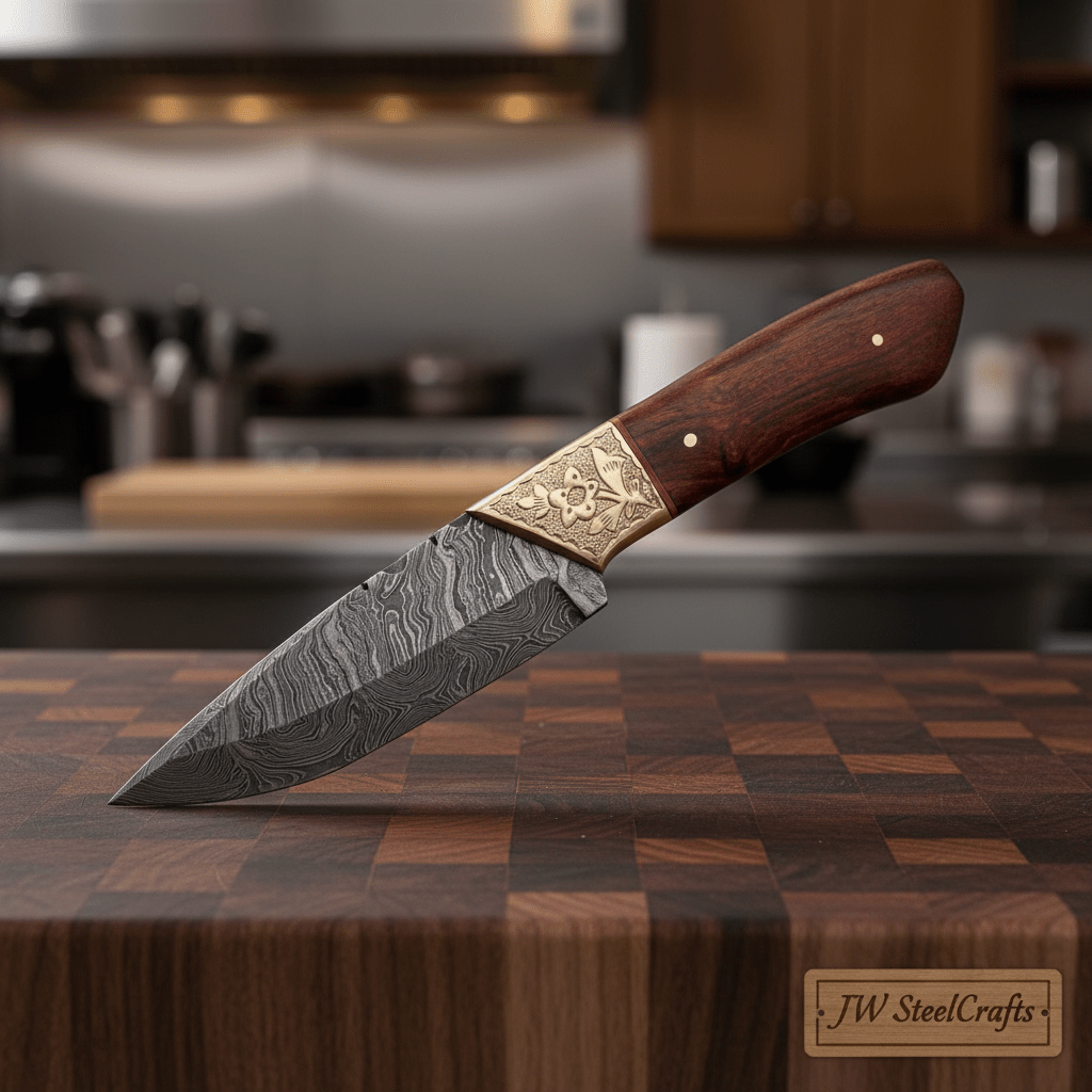 Handmade damascus steel knife with premium handle on dark surface