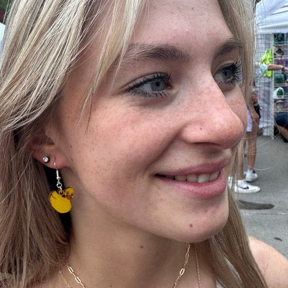 Rubber Duck Wooden Dangle Earrings | Cute Bath Toy Jewelry