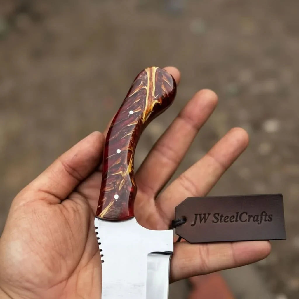 Stainless Steel Sheepsfoot Outdoor Knife — Brown Orange Swirl Resin Handle, Finger Choil & Satin Finish