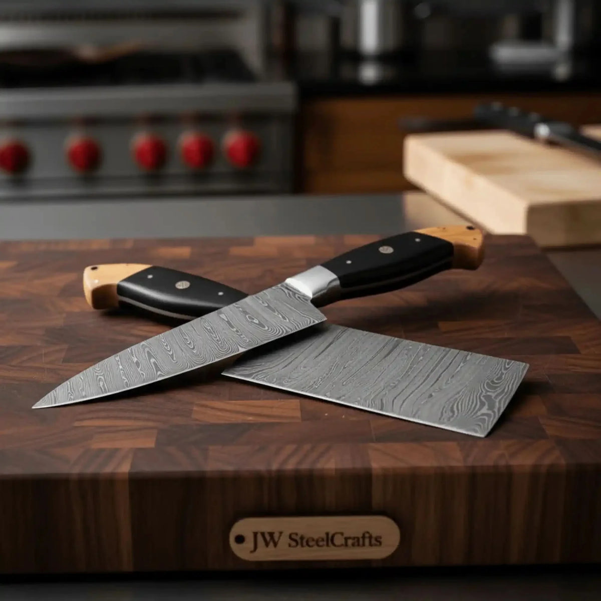 Premium Damascus Cleaver and Santoku knife Set — Olive Wood & Black Resin Handles, Full Tang Chef Knives by JW SteelCrafts