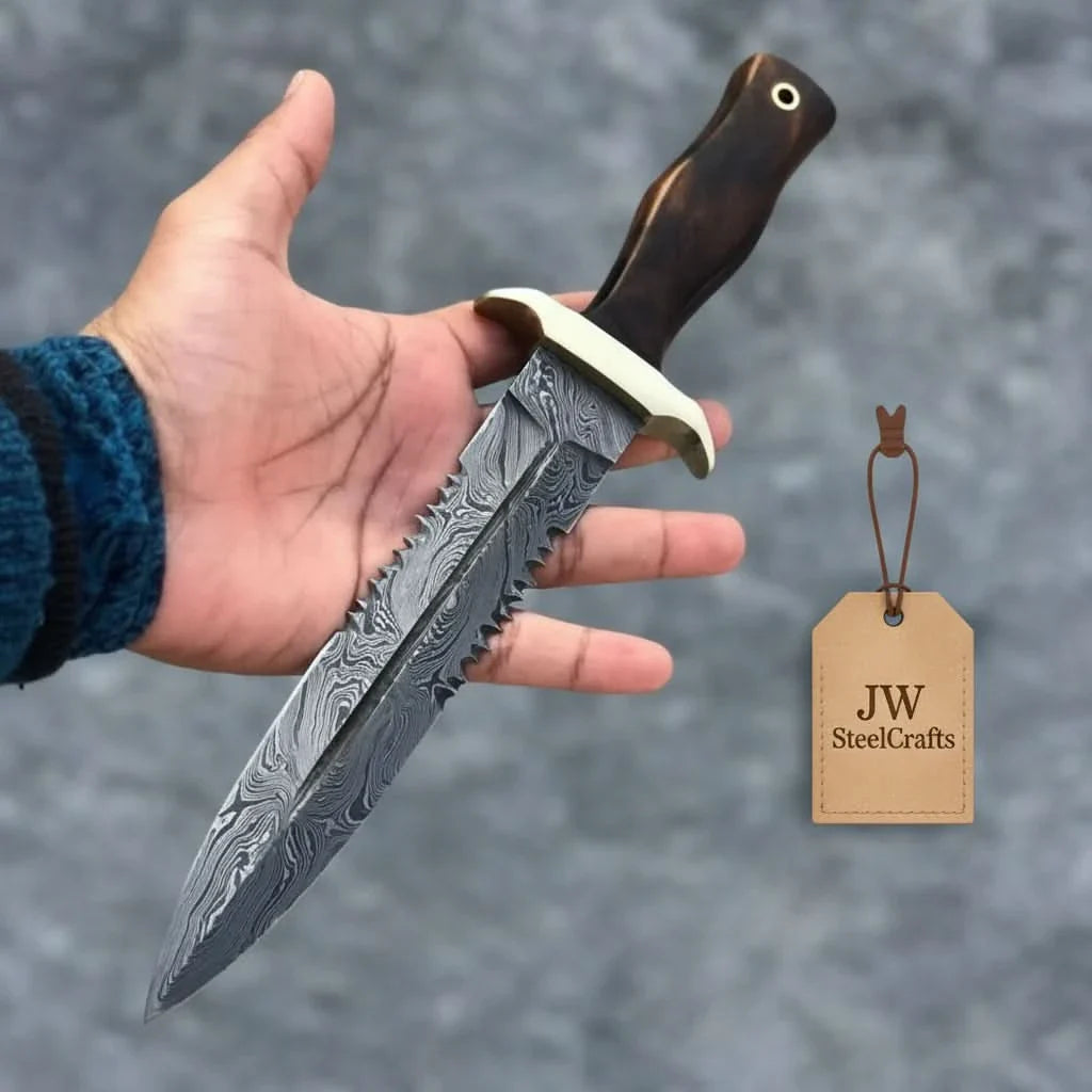 Hammer forged Damascus Dagger Knife with 8” Double Edge Serrated Blade, Sawback Spine, Brass Guard, Rosewood Handle (Full Tang Fixed Blade) by JW SteelCrafts