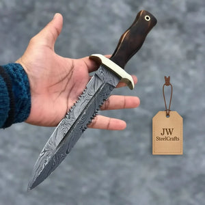 Hammer forged Damascus Dagger Knife with 8” Double Edge Serrated Blade, Sawback Spine, Brass Guard, Rosewood Handle (Full Tang Fixed Blade) by JW SteelCrafts