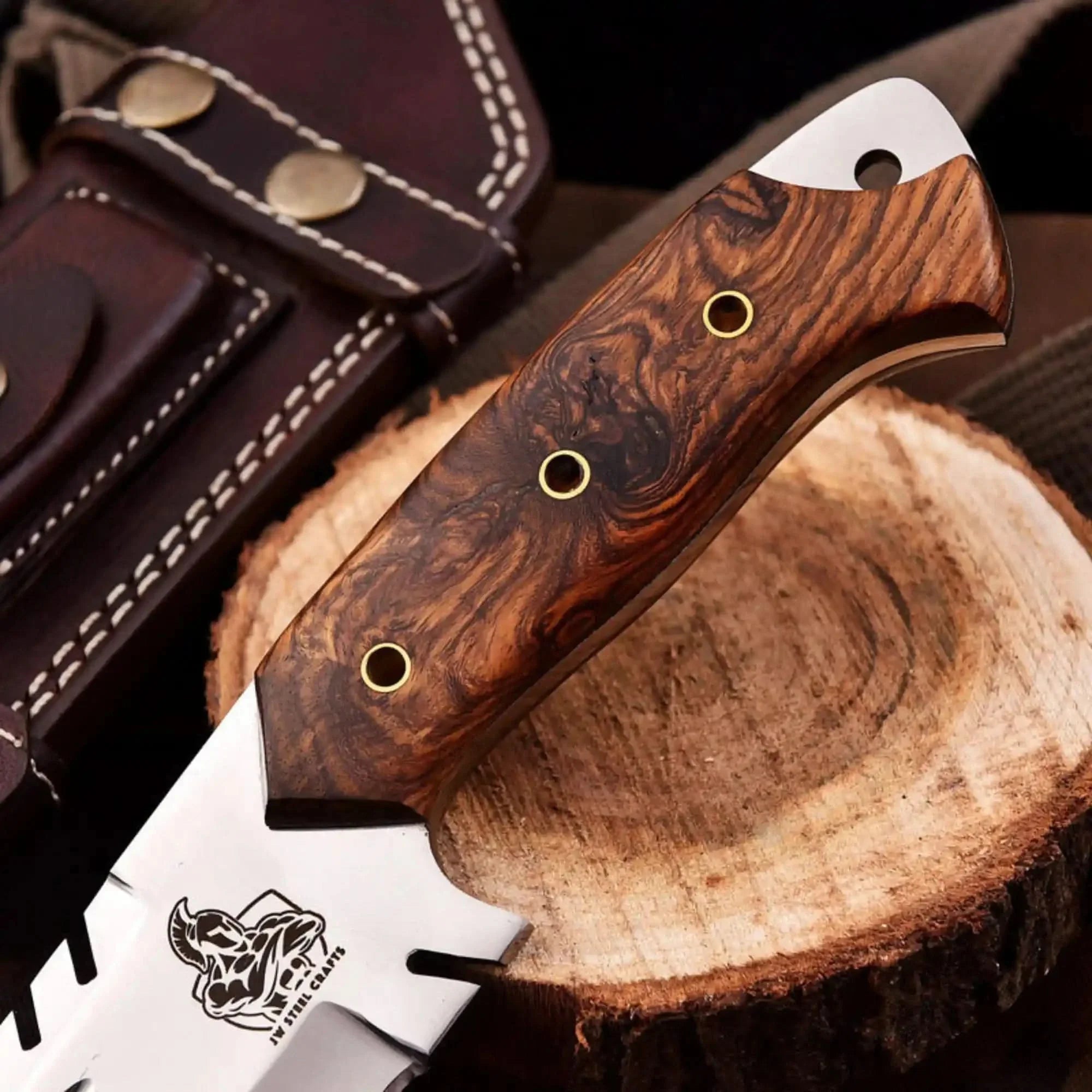 Tracker knife Full Tang Fixed Blade Knife – Stainless Steel Blade & Burl Wood Handle | JW SteelCrafts by JW SteelCrafts, Damascus knife detail photo 2