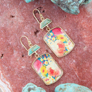 Scenic Floral Blue Turquoise Golden Earrings