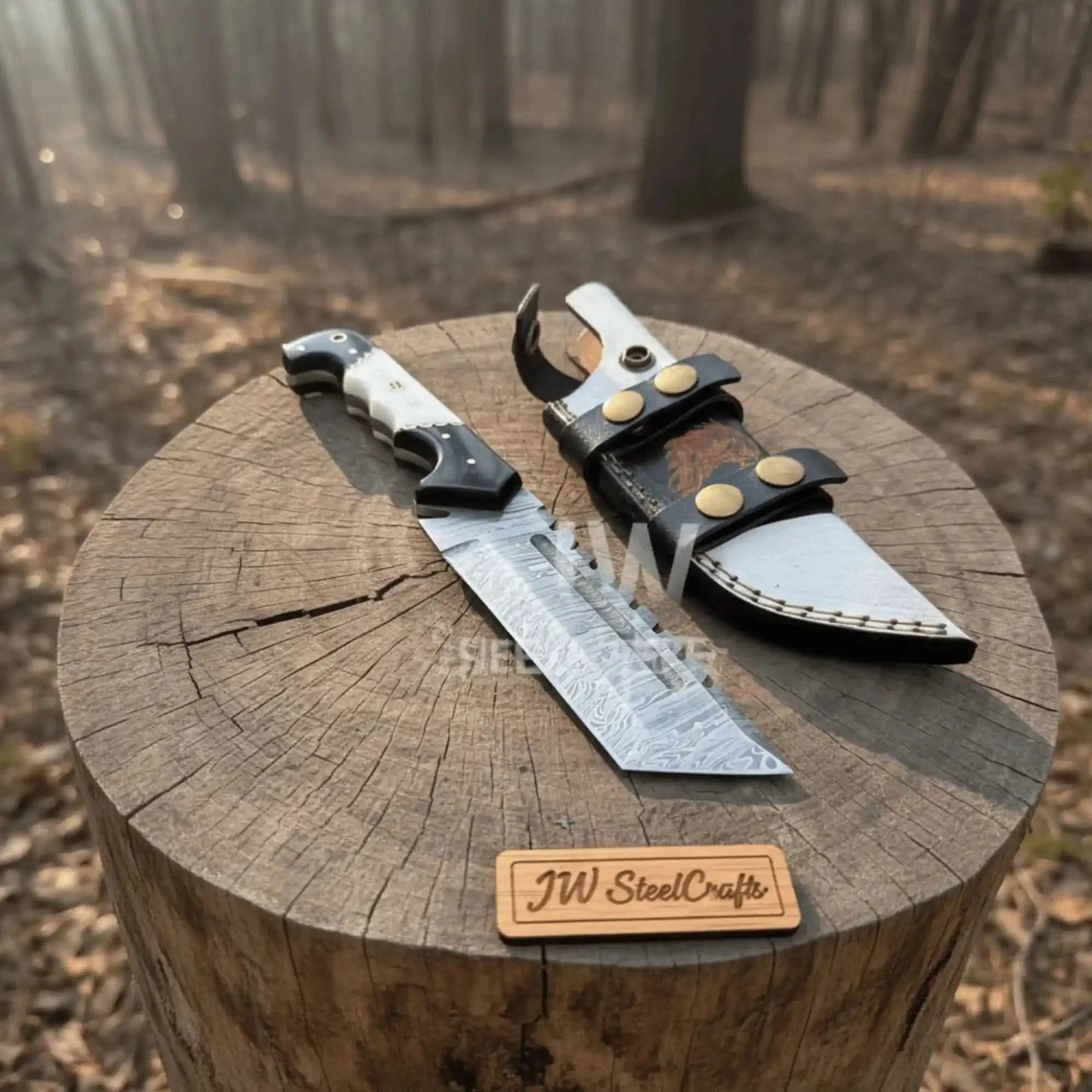 10-Inch Damascus Tracker Knife — Black & White Resin Handle, Filework Spine, Curved Guard & Leather Sheath by JW SteelCrafts